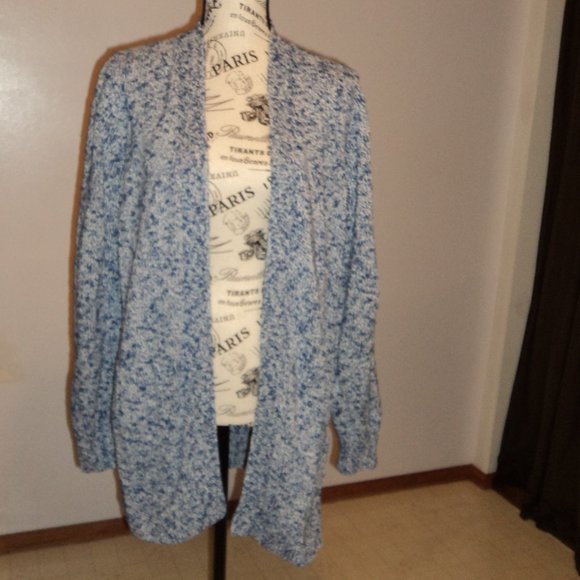 LL Bean Woman's Large Cardigan Sweater Blue White Pockets 100% Cotton - Picture 1 of 12